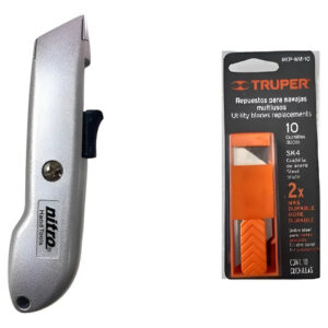 Corta Cartón Nitro Aluminio Auto Retráctil + 10 Repuestos Plateado