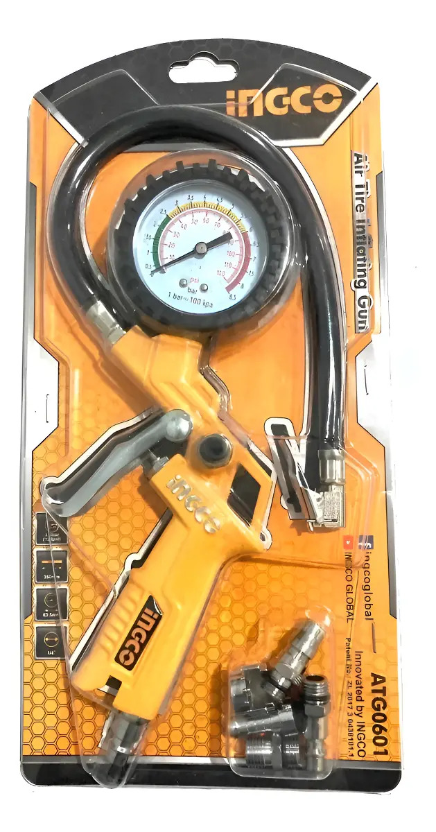 Pistola Para Inflar , Calibrar Neumático + Manómetro Ingco Amarillo