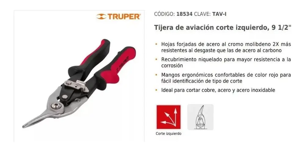 Tijera De Aviación 9 1/2'' Corte Izquierdo Truper 18534 Rojo - Imagen 3