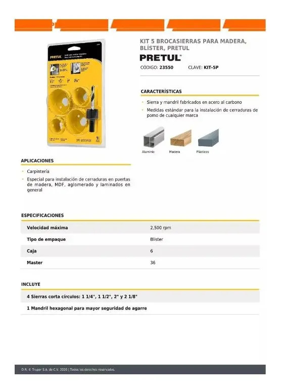 Sierra Copa 5 Piezas Para Instalar Cerraduras Pretul Kit-5p - Imagen 3