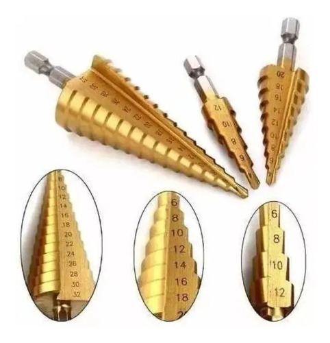 Brocas Cónicas 3 Unidades 4 A 32 Mm + Esc Rápida 7 Pulgadas - Imagen 2