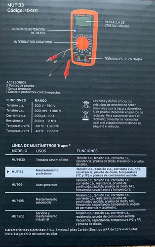 Multimetro Digital Junior Truper Modelo Mut-33 - Imagen 4