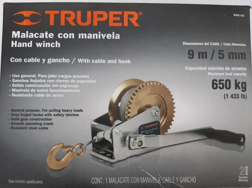 Malacate Enganche Para Tirar Hasta 650 Kilos, Marca Truper - Imagen 3