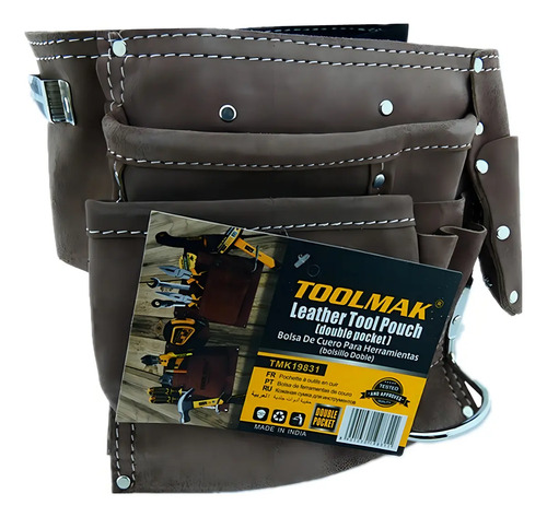 Coleto Carpintero Cuero Doble Porta Herramientas Toolmak Café - Imagen 2
